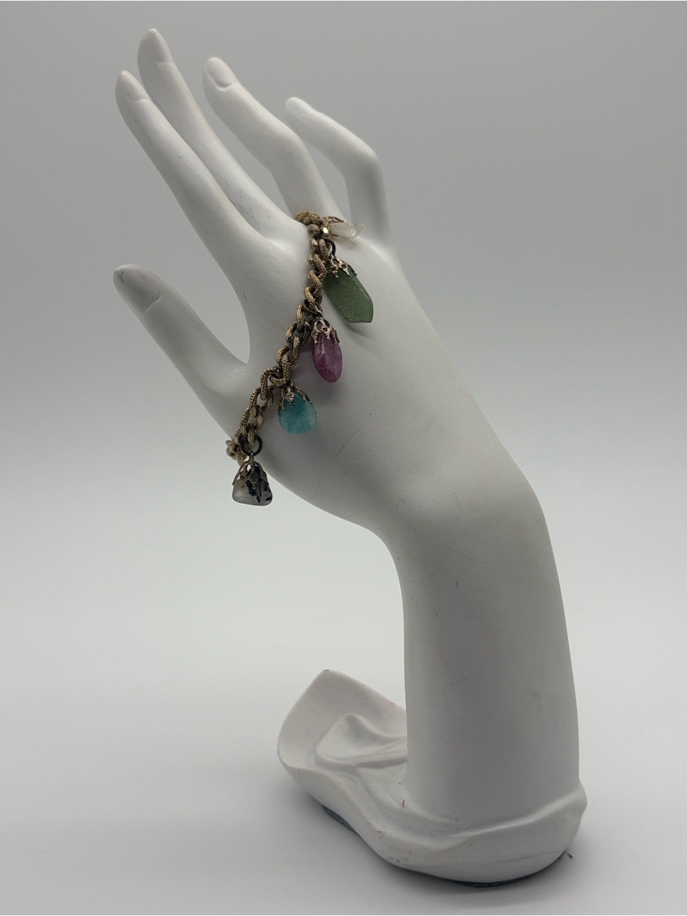Gold Chain Charm Bracelet Real Multicolor Polished Stone Drops